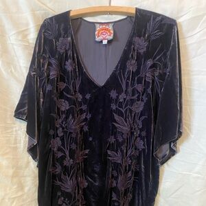 Johnny Was Purple Velvet Embroidered V-Neck Tunic